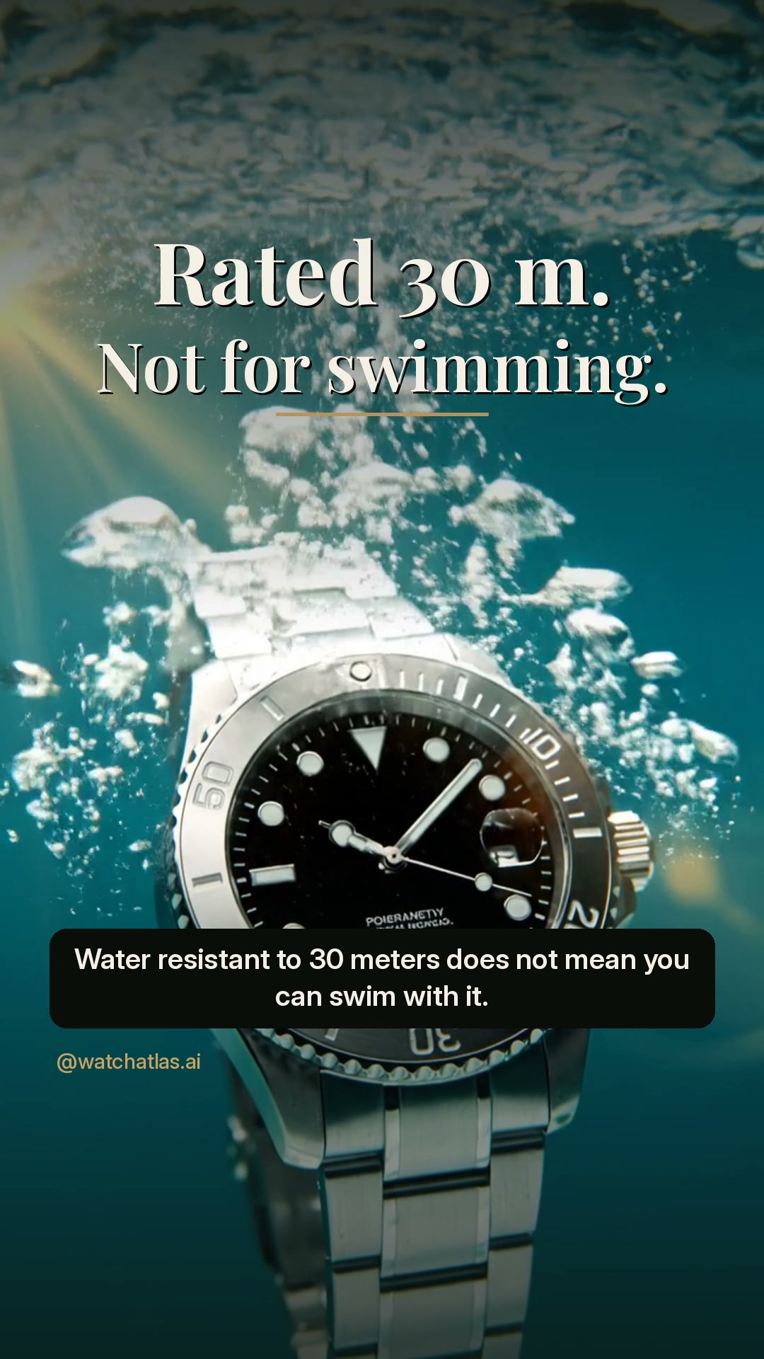 30 meters of water resistance is not 30 meters of swimming.

The rating comes from a static pressure test in a lab, not a depth you can take it to. As a general guide (always check your manual):
30 m / 3 ATM: rain and hand washing
50 m / 5 ATM: a light swim, for many brands
100 m / 10 ATM: swimming and snorkeling
Diving: look for a true ISO 6425 dive watch

Gaskets age, so have it pressure tested at every service.

What's the rating on the watch you're wearing right now?