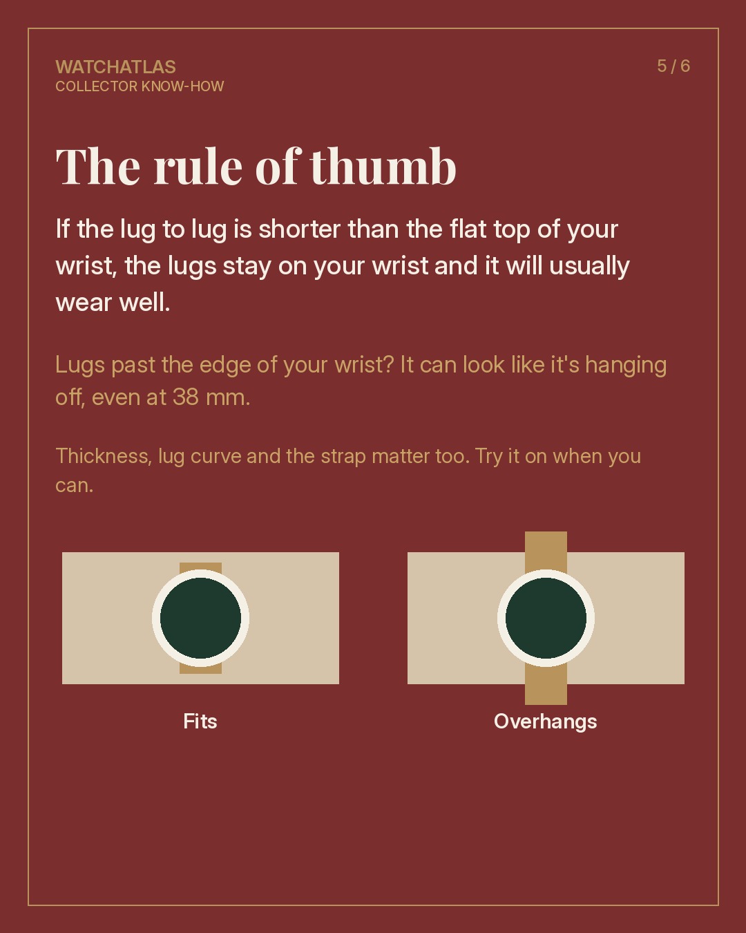 Stop shopping by case diameter.

Two 40 mm watches can wear completely differently. The number that decides fit is lug to lug: the distance from the tip of the top lugs to the tip of the bottom lugs.

Measure the flat top of your wrist. If the lug to lug is shorter than that, the watch will usually sit well.

What's your flat wrist width, and what's the best-fitting watch you own? Tell us below.

Save this for your next watch hunt. (5 of 6)