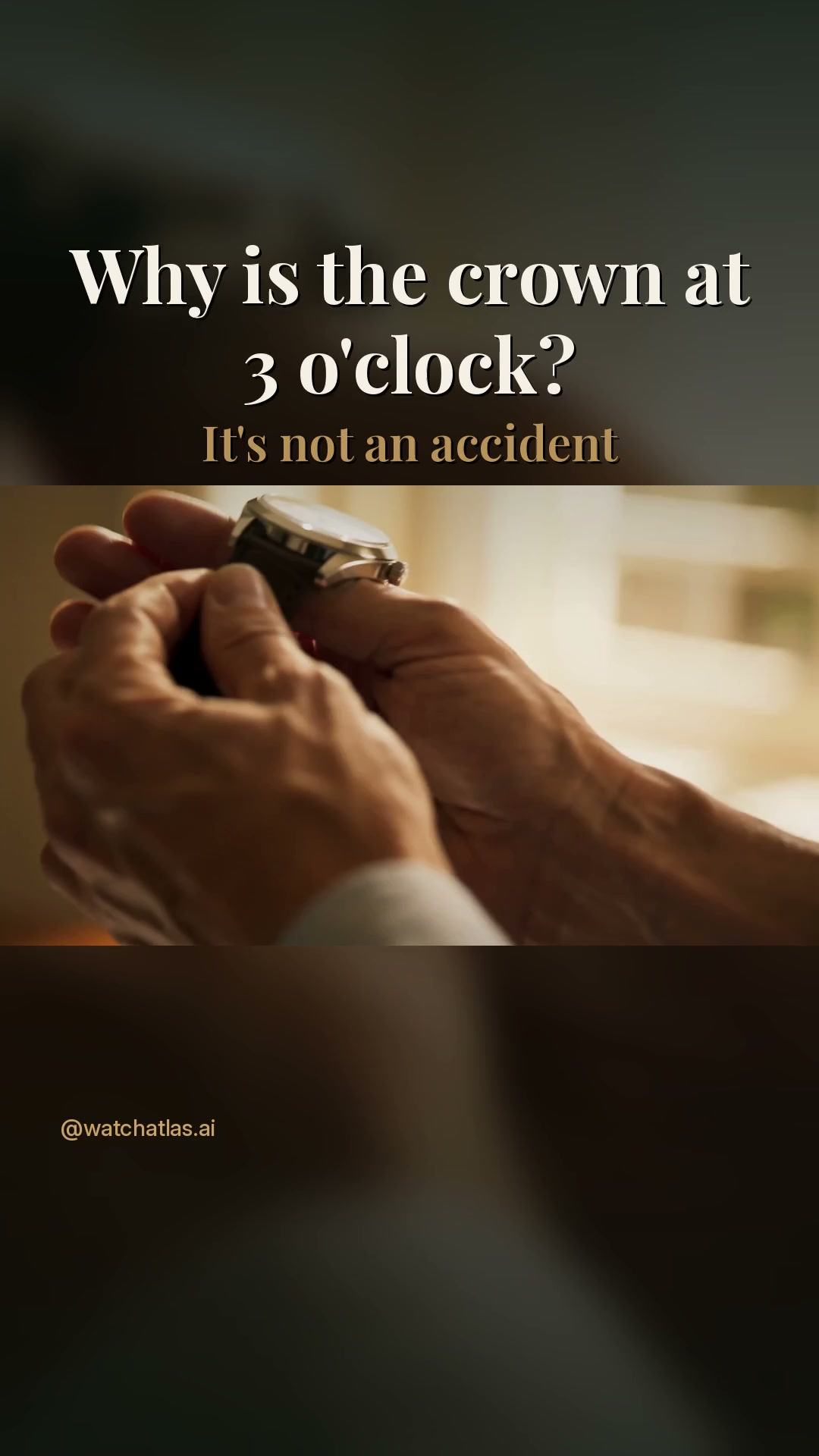 Ever wonder why the crown sits at 3 o'clock?

Most people are right-handed, and traditionally the watch goes on the left wrist, so the right hand does the winding and setting. On the right side of the case, the crown is easy to reach and stays clear of your wrist.

Left-handed? Look for a destro watch, with the crown on the left side at 9 o'clock. Some dive watches move it to 4 o'clock so it doesn't dig into the back of your hand.

Which wrist do you wear yours on?

Footage is AI-generated and illustrative.
Follow for one great watch a day.
