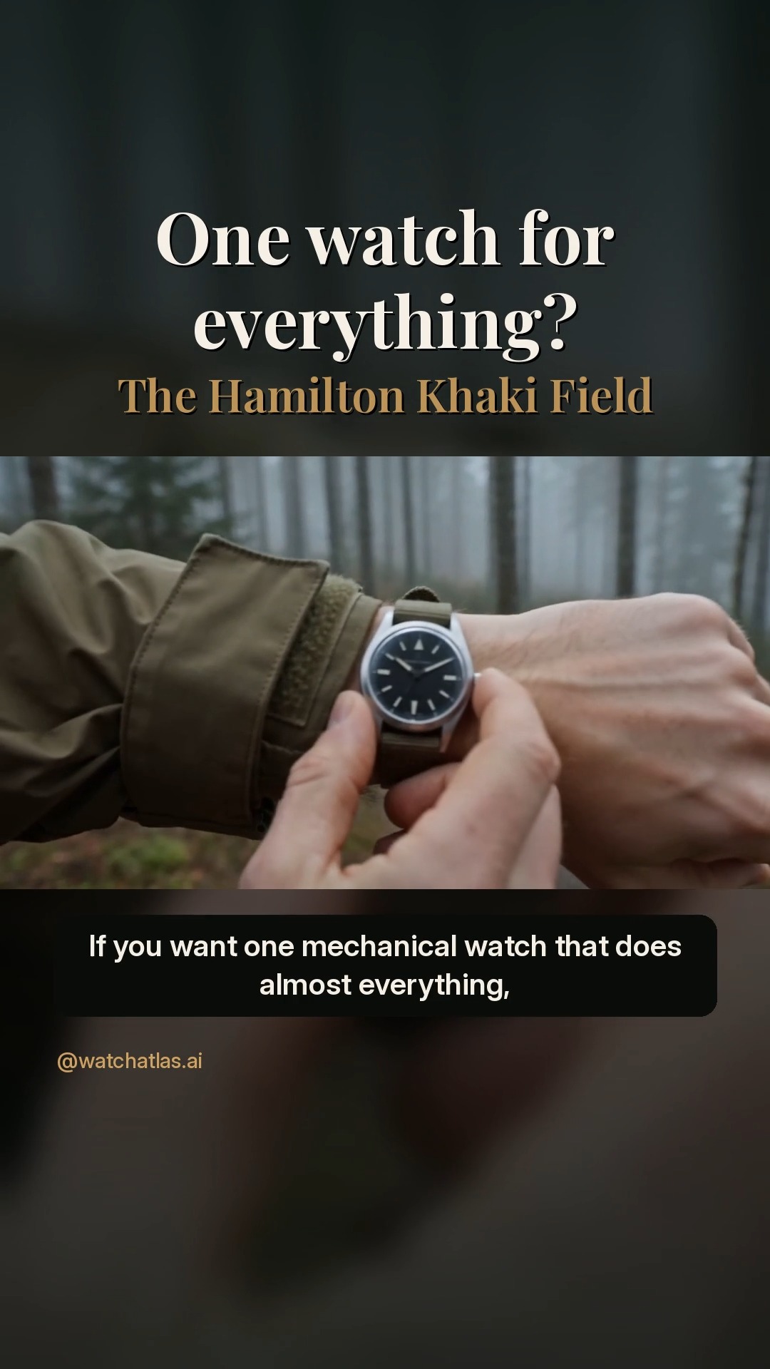 Watch of the Day: Hamilton Khaki Field Mechanical 38 mm (H69439931) @hamiltonwatch

38 mm case, 9.5 mm thick, 47 mm lug to lug
Hand-wound H-50 movement, 80-hour power reserve
Sapphire crystal, 50 m water resistance
20 mm lugs, stainless steel case

A design rooted in Hamilton's 1960s military field watches, and a lot of collectors' answer to "one watch for everything."

Specs from hamiltonwatch.com. Footage is AI-generated and illustrative, not the actual watch.
Follow for one great watch a day.