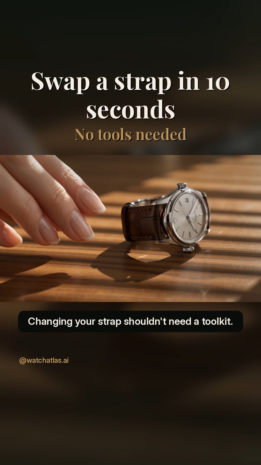 Swap a strap in 10 seconds, no tools needed.

Look for quick-release spring bars, the ones with a tiny lever on the back of the strap.

1. Slide the lever with your fingernail and the strap pops out.
2. Pull the lever on the new strap, line the bar up with the lug hole and let go.
3. Give it a firm tug to make sure it's locked in.

One watch, five straps, five different looks.

How many straps are in your drawer right now?

Footage is AI-generated and illustrative.
Follow for one great watch a day.